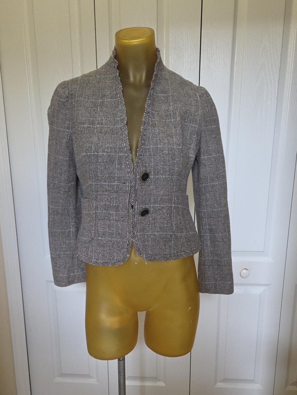 Banana Republic Grey Plaid Frayed-Trim Two-Button Blazer